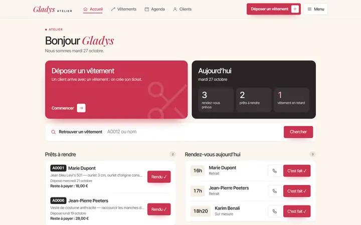 Démonstration, application d’atelier sur ordinateur : La journée en un coup d’œil : rendez-vous, vêtements prêts, retards.