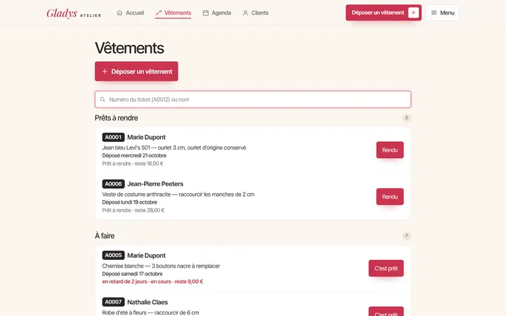 Démonstration, application d’atelier sur ordinateur : Les vêtements à rendre et à faire, retrouvés par numéro ou par nom.