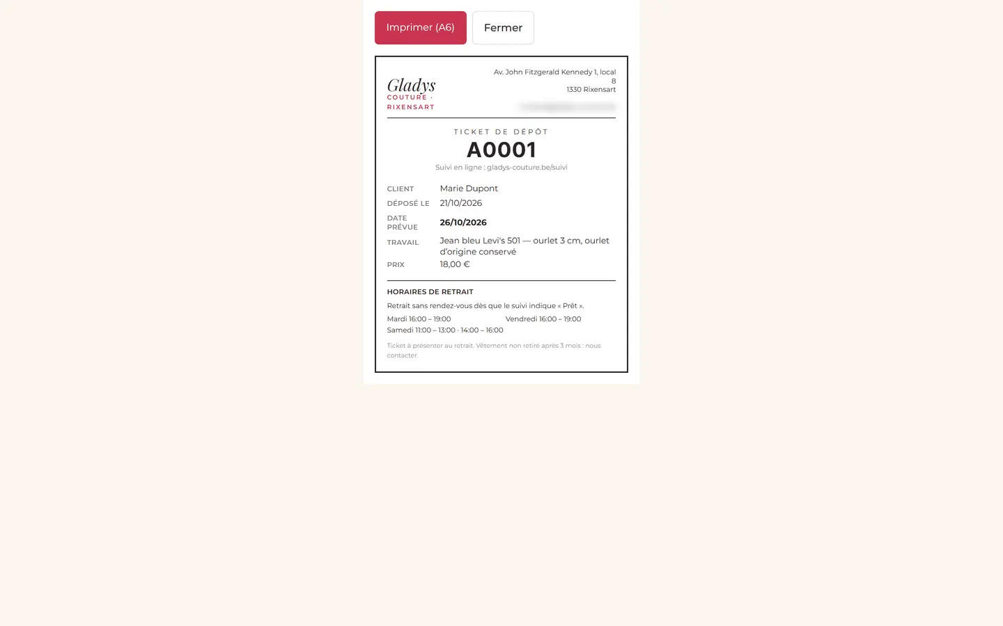 Appli d’atelier Gladys Couture : ticket de dépôt