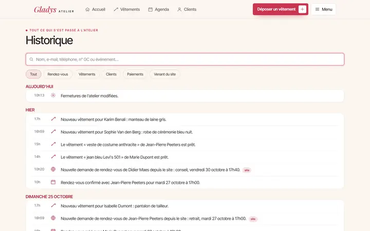 Démonstration, application d’atelier sur ordinateur : Tout ce qui s’est passé, jour par jour, y compris les demandes venues du site.