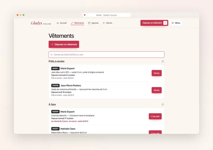 Démonstration, application d’atelier sur ordinateur : Vêtements à rendre et à faire