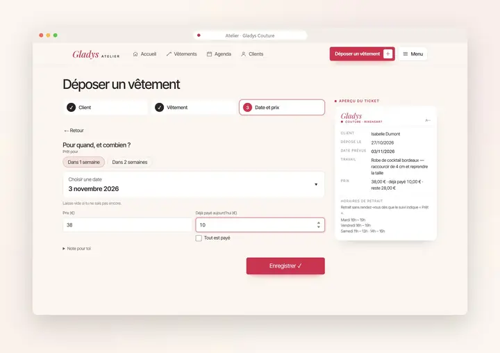 Démonstration, application d’atelier sur ordinateur : Déposer un vêtement, aperçu du ticket