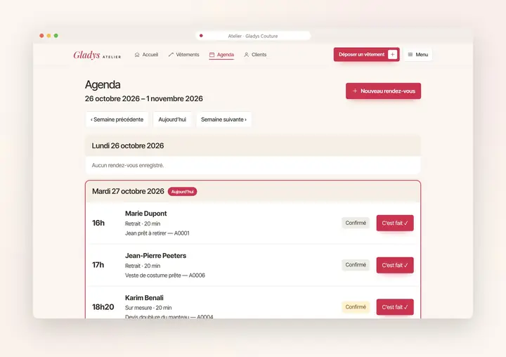 Démonstration, application d’atelier sur ordinateur : Agenda de la semaine