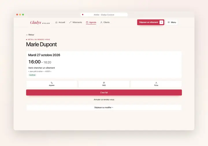 Démonstration, application d’atelier sur ordinateur : Fiche d’un rendez-vous