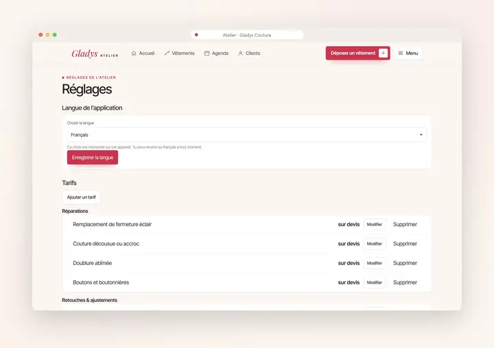 Démonstration, application d’atelier sur ordinateur : Réglages et tarifs