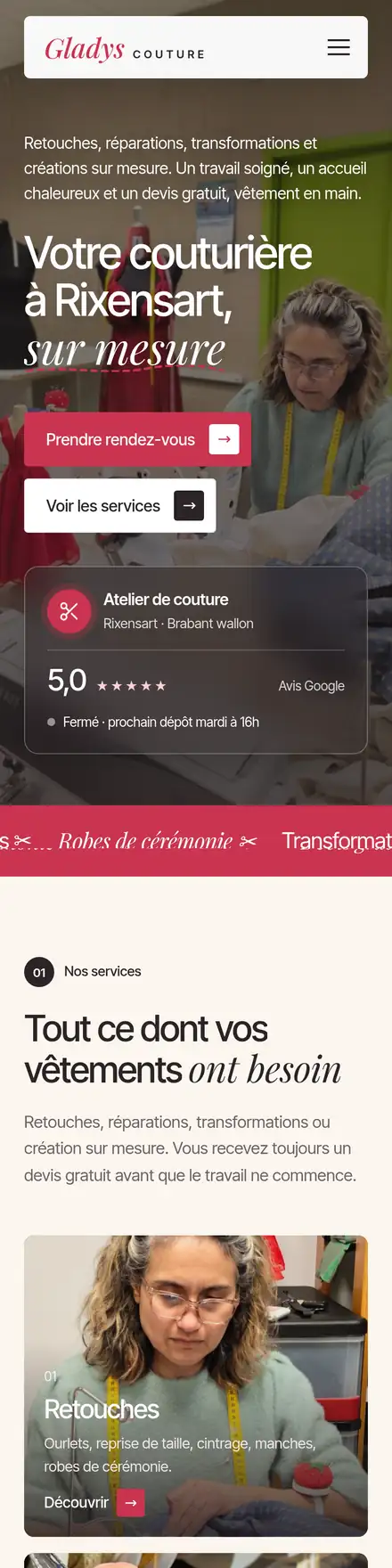 Capture pleine page du site gladys-couture.be, version téléphone