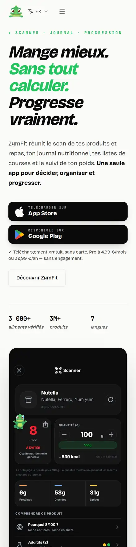 Capture pleine page du site zymfit.app, version téléphone