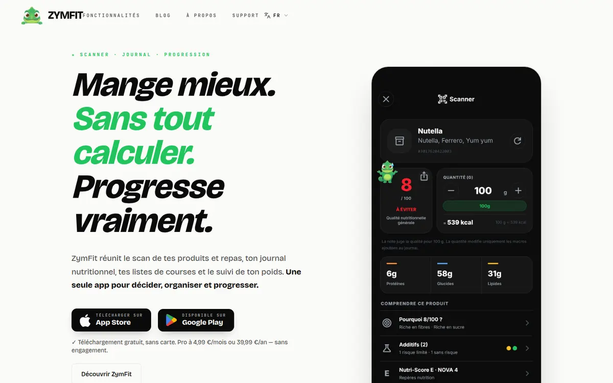 Page d’accueil de zymfit.app, version ordinateur