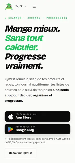 Page d’accueil de zymfit.app, version téléphone