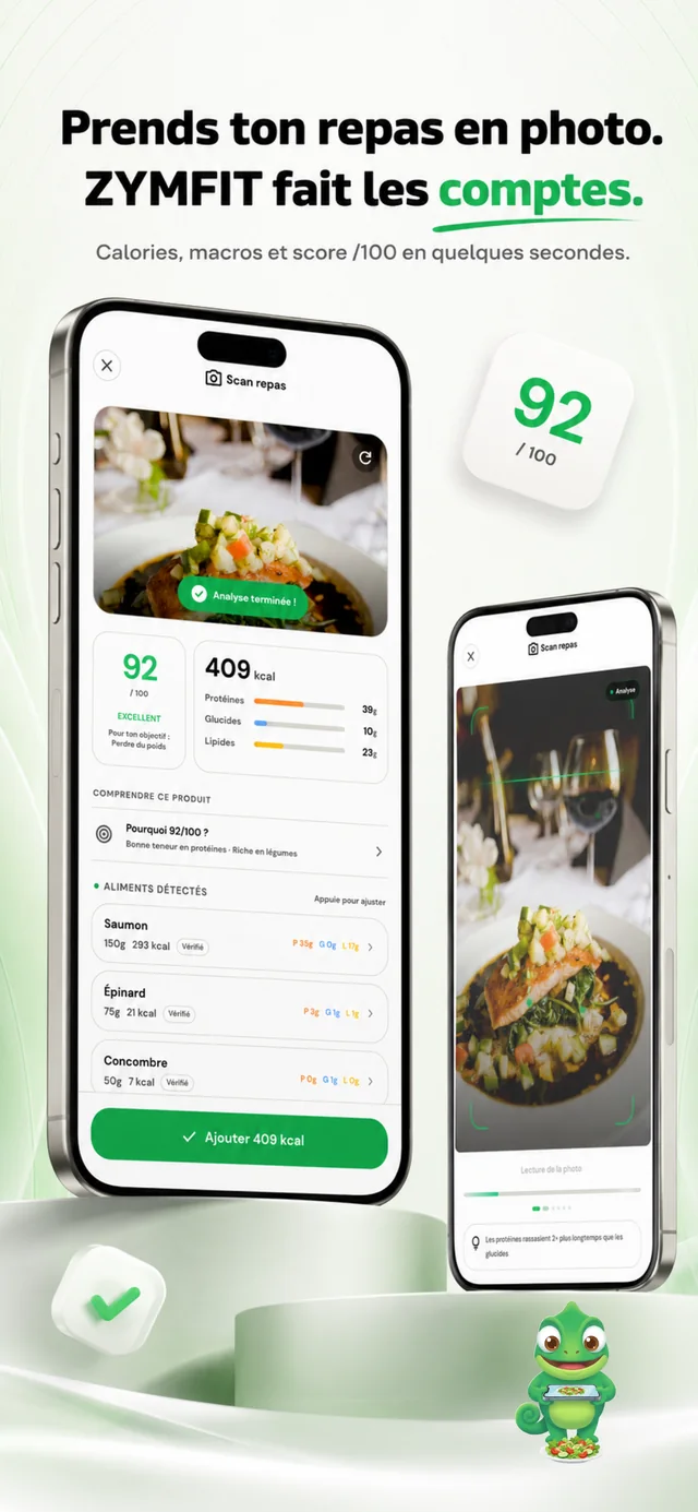 Visuel public de la fiche App Store de ZymFit : repas reconnu en photo